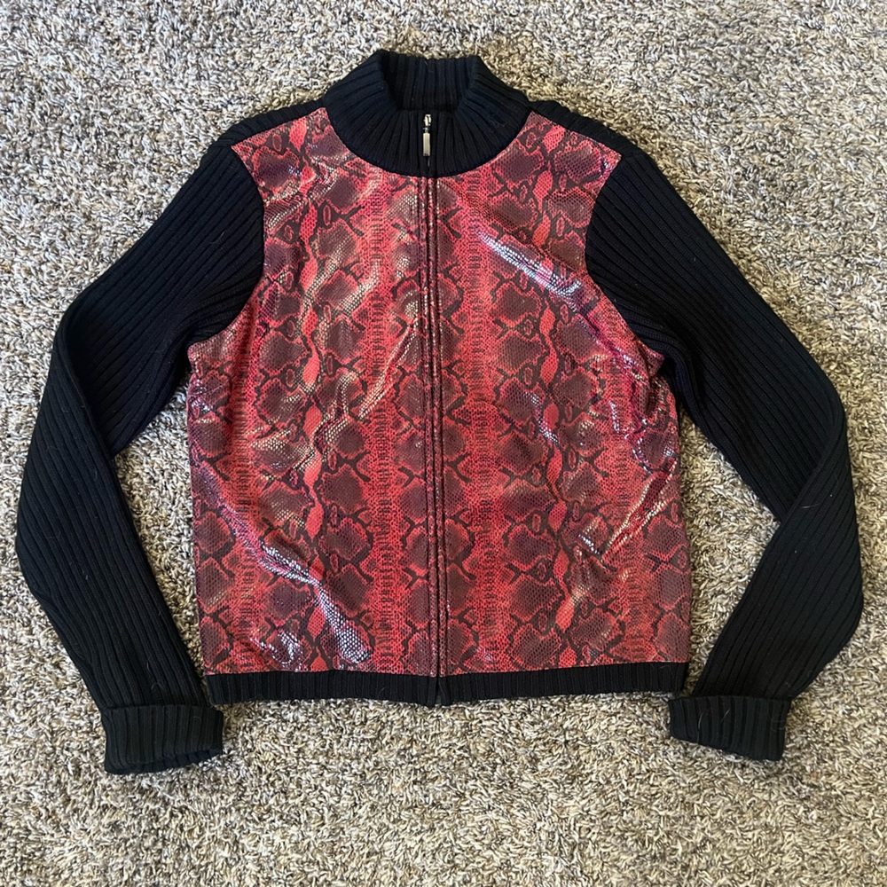 Vintage Oscar de la renta leather and wool  snake zip cardigan large